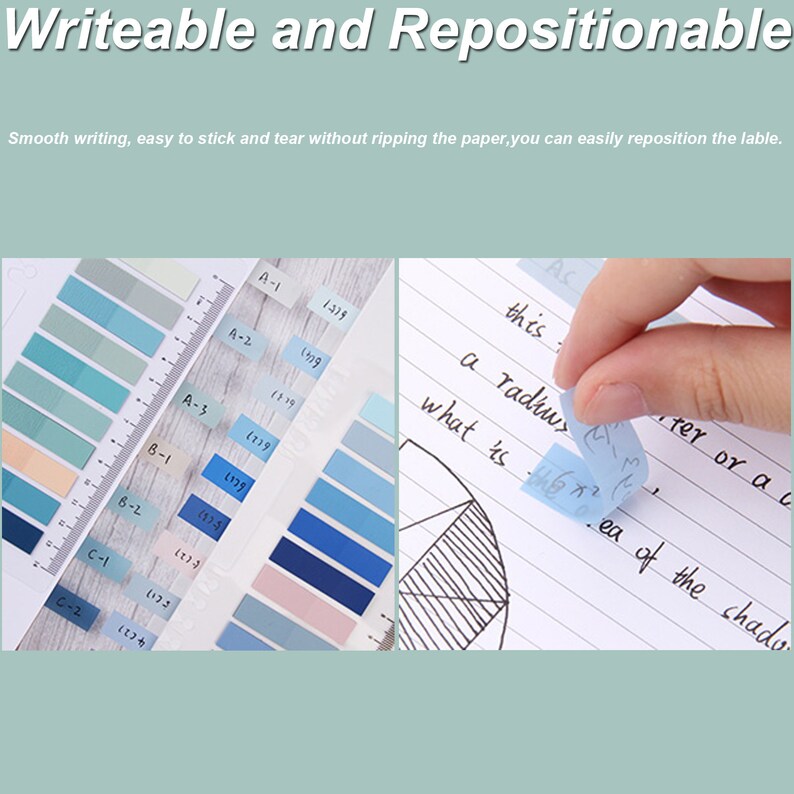 May include: A set of colorful sticky notes in various shades of blue and gray. The notes are arranged in a grid pattern and labeled with letters and numbers. The notes are designed to be writeable and repositionable. The text "Writeable and Repositionable" is at the top of the image. The text "Smooth writing, easy to stick and tear without ripping the paper, you can easily reposition the lable." is below the grid of notes.