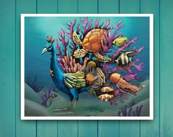 breaking free Art Print Saviour Skeleton deep sea 8x10 illustration.