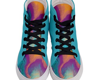 Colorful watercolor abstract bright mixed background turquoise peach purple pink fuchsia orange psychedelic Women's Hi-Top Skate Sneakers