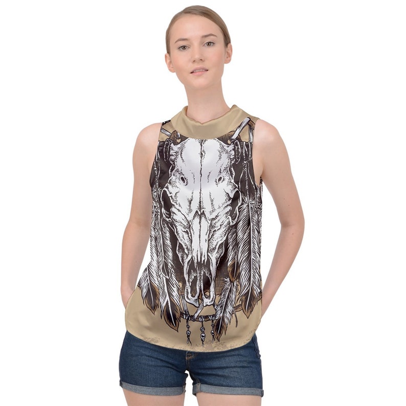Hand drawn cow skull feathers High Neck Satin Top