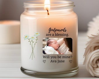 Custom Godmother Proposal Candle, Personalized Baby Name Photo Candle, 9oz Soy Godparent Appreciation Gift, Will You Be My Godparent Gift