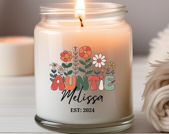 Personalized New Auntie Floral Candle, Custom Aunt Pregnancy Announcement 9oz Candle, New Auntie Wildflower Birthday Christmas Gift, Ca10077