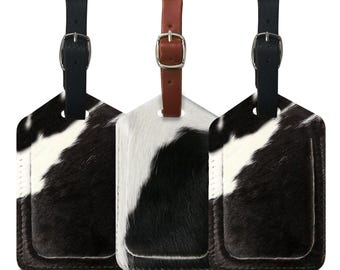 Hair On Hide Leather Luggage Tag Set of 3, Cowhide Travel Bag ID