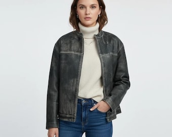 Women's Oversized Jacket Brown Distressed Genuine Sheep Leather Jacket