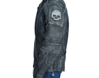 Men's Skull Biker Genuine Leather Black & White Distressed Real Motorcycle Jacket