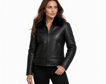 Women's Black Sheep Leather Aviator Jacket with Fur Collar - Real Leather Bomber Jacket