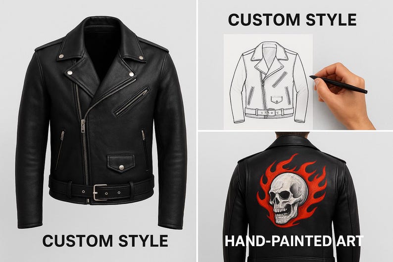 May include: Black leather biker jacket featuring an asymmetrical zip, multiple pockets, and a belted waist. The image also shows a sketch of the jacket and a hand-painted skull design on the back of a jacket. Text reads "CUSTOM STYLE" and "HAND-PAINTED ART."