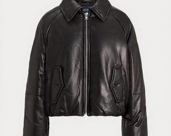 Women's Luxury Black Genuine Leather Puffer Jacket
