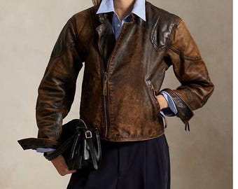Women Broken-in Vintage Leather Moto Jacket Unique Crackled Leather