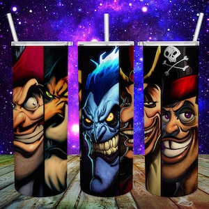 May include: Three stainless steel tumblers with a black background and colorful cartoon villains. The tumblers feature Ursula, Captain Hook, and Scar from Disney movies.
