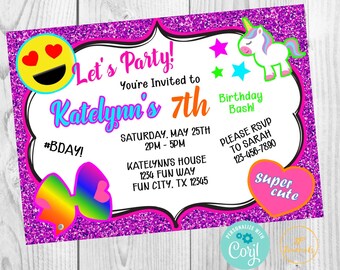 Rainbow Bow Unicorn Heart Emoji Glitter Birthday Party Invitation - DIY Edit and Customize Printable Invite - Download Print at Home!