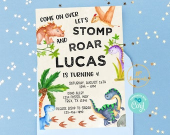 Dinosaur Birthday Party Invitation Template - DIY Edit Printable Invite - Download and Print! - Boy Dino Invite Stomp and Roar