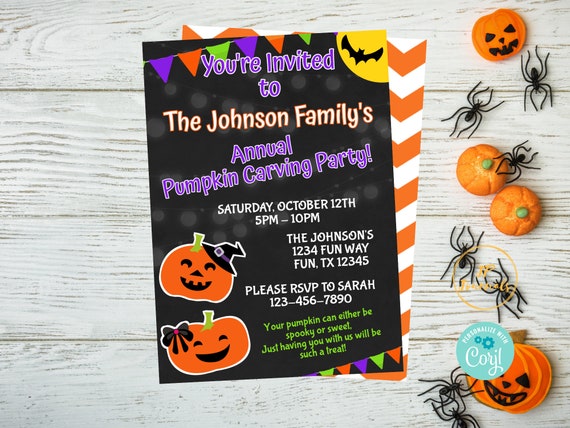 Pumpkin Carving Party Invitation - Printable Template - Download and Print! Halloween Jack O Lantern Decorating Party Invite Il_570xn