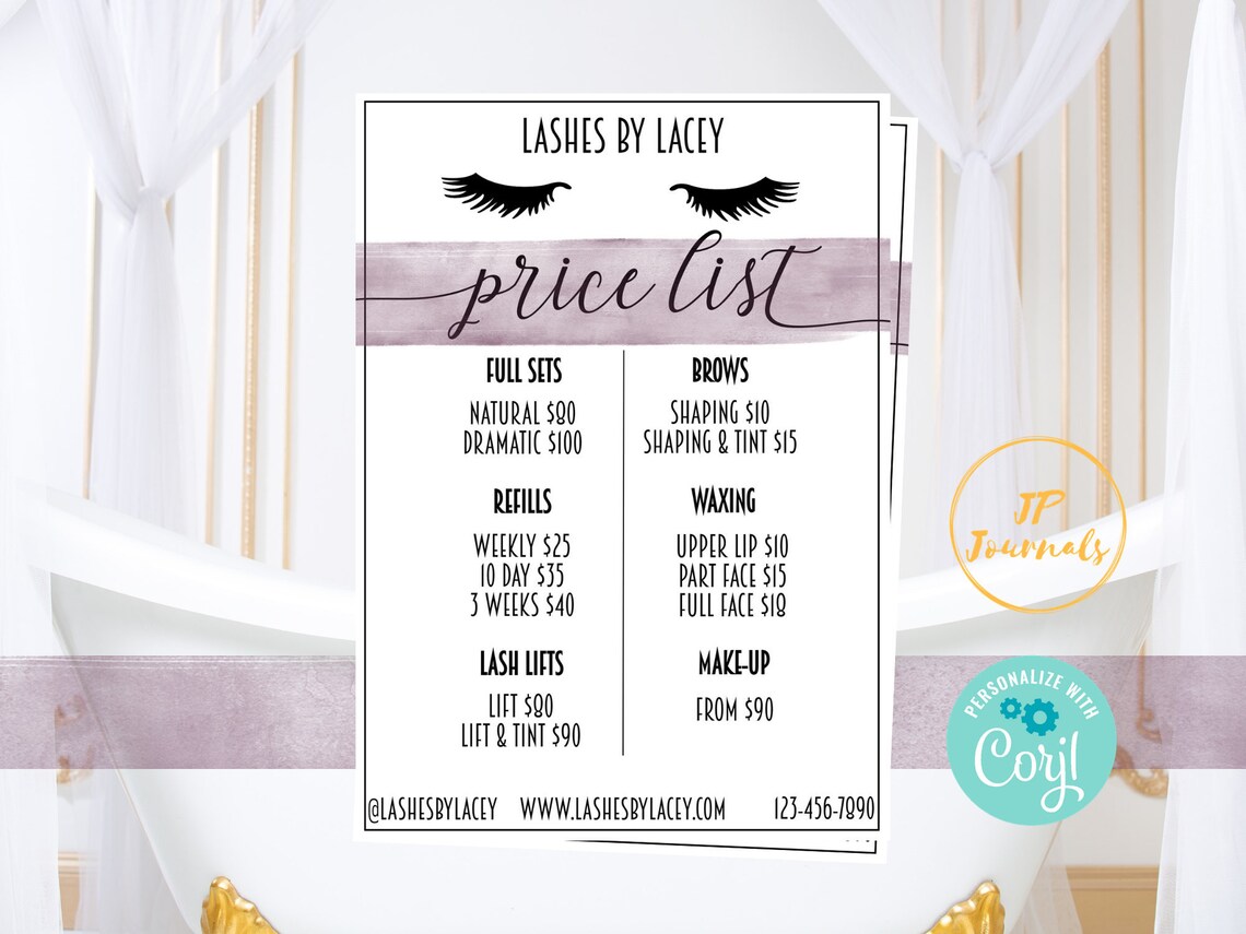 Printable Price List for Lash Boutique Pricing Sheet Etsy