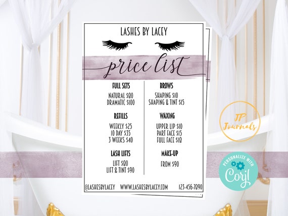 Printable Price List For Lash Boutique Pricing Sheet Etsy