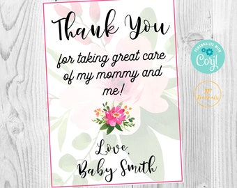 Baby Nurse Thank You Gift Tag - Edit Online Print at Home - DIY Maternity Nurse Hospital Gift Card - Thank You for Taking Care of Baby Mommy