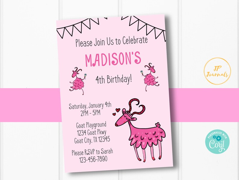 Pink Goat Birthday Party Invitation Template Edit Online - Etsy