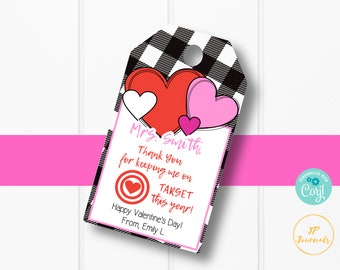 Printable Teacher Valentine's Day Gift Card Tag Label - Keeping Me On Target - Buffalo Plaid and Hearts - Edit Online Print at Home