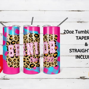 Cheetah Print Senior Class of 2024 20oz Skinny Tumbler Sublimation Design, Hot Pink Aqua Preppy Neon Leopard Print Class of 2024