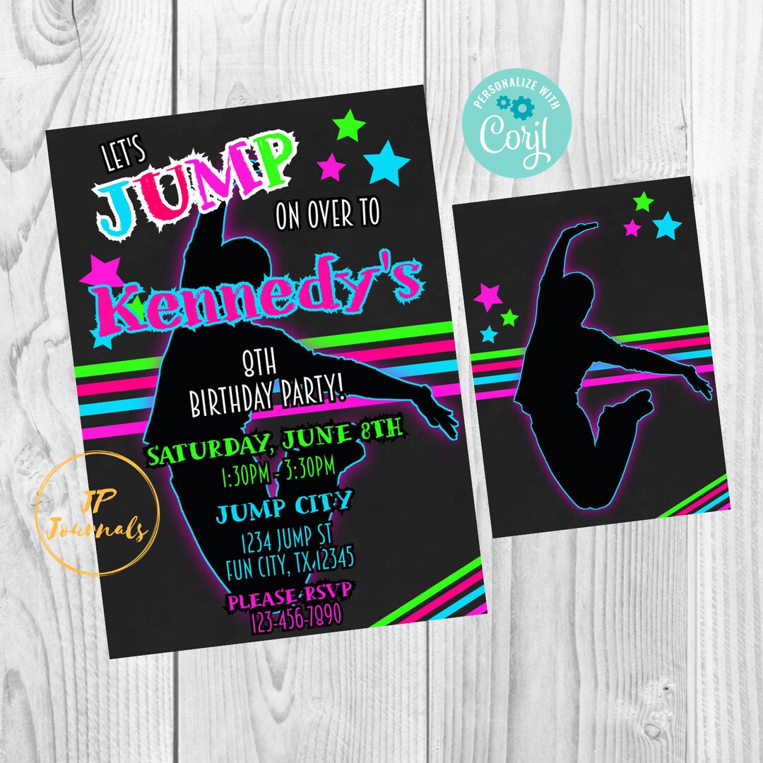 Neon Jumping Birthday Party Invitation DIY Edit and Customize Printable ...