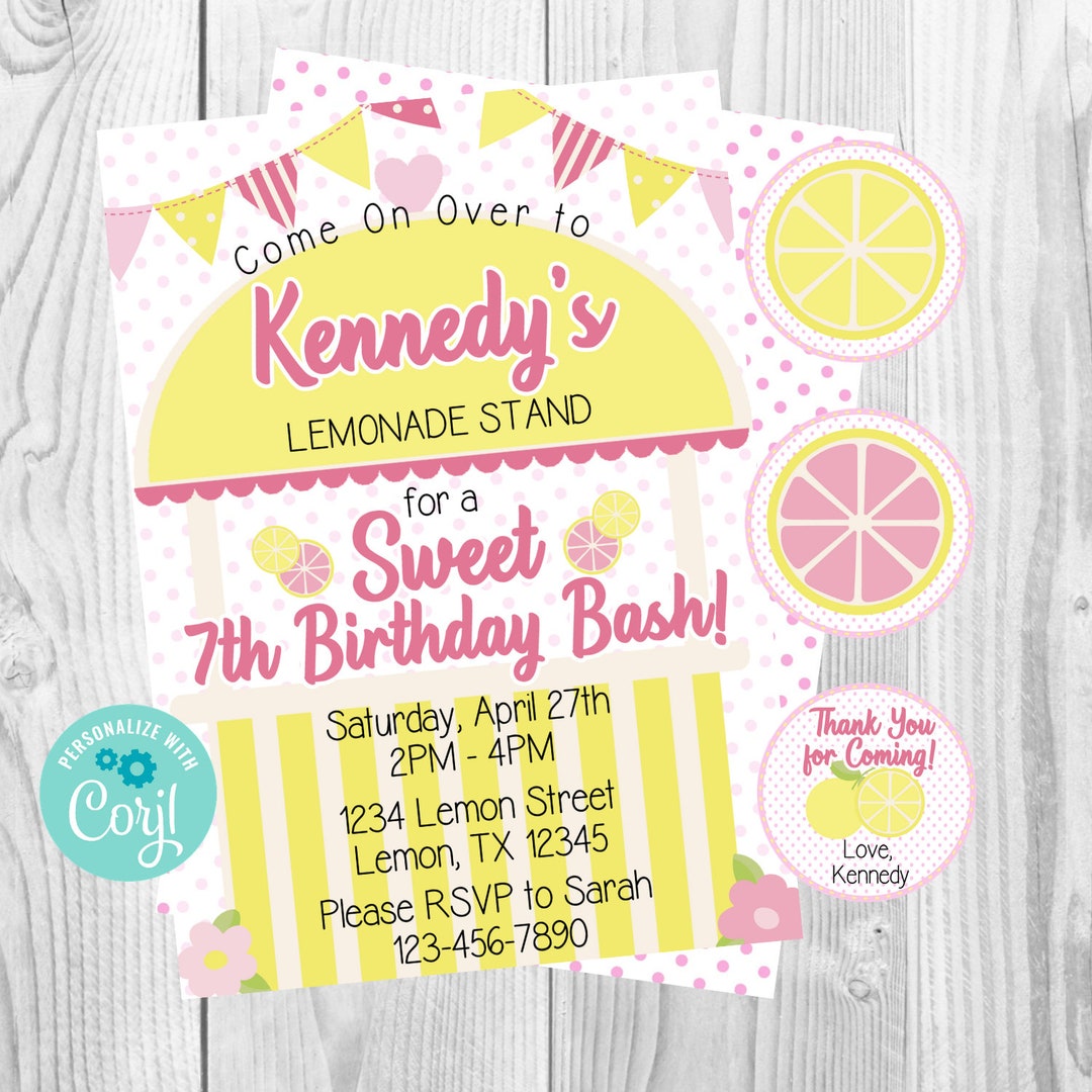 Lemonade Stand Printable Birthday Party Invitation &amp; Favor Tags DIY ...