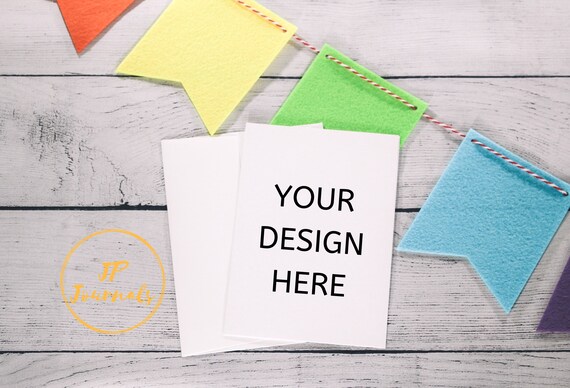 Download White Greeting Card With Colorful Banner Mockup Birthday Card Etsy