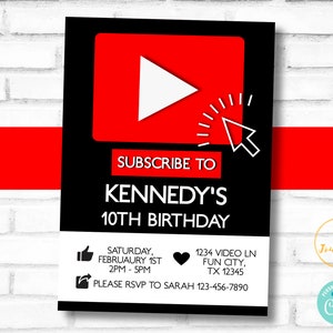 Online Video YouTube Theme Birthday Party Invitation Template - Edit & Print - Printable Invitation - Streaming Gamer Online Video