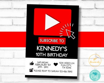 Online Video YouTube Theme Birthday Party Invitation Template - Edit & Print - Printable Invitation - Streaming Gamer Online Video