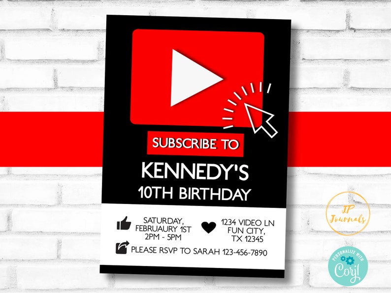 Online Video YouTube Theme Birthday Party Invitation Template image 0
