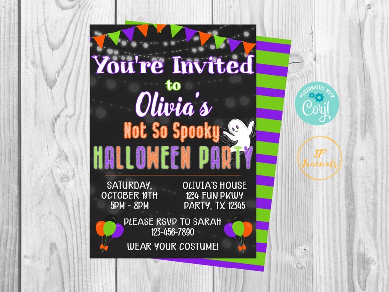 Not So Spooky Halloween Birthday Party Invitation DIY Edit Printable Invite Download and Print Orange Purple Green Black image 1