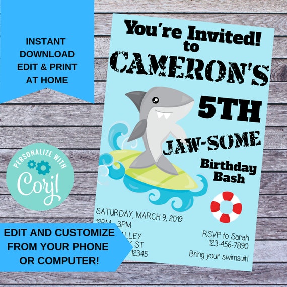 Cool Surfing Shark Jaw-Some Birthday Party Invitation - DIY Edit Customize Printable Invite - Pool Beach Summer Party Kids who Love Sharks Il_570xn
