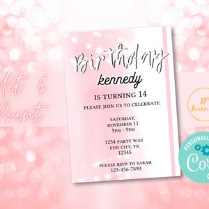 Pink Aesthetic Birthday Party Invitation for Girls, DIY Edit and Print, Teen Tween Girl Aesthetic Birthday Party image 1