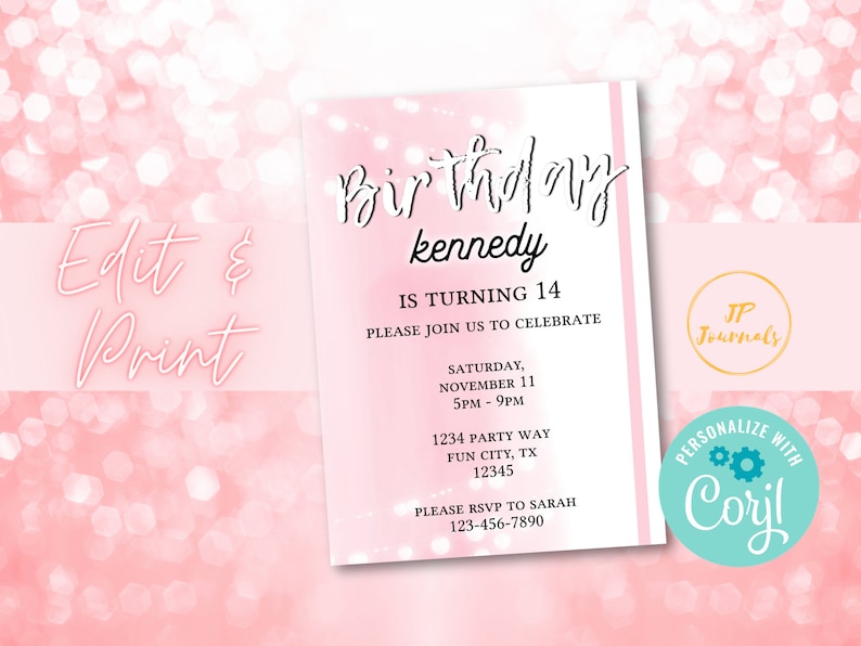 Pink Aesthetic Birthday Party Invitation for Girls, DIY Edit and Print, Teen Tween Girl Aesthetic Birthday Party image 1