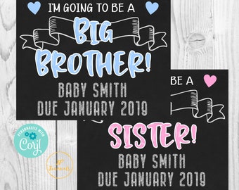 Printable Big Brother Big Sister Pregnancy Announcement Chalkboard Sign - Personalize and Print - DIY Pink and Blue - Cute Photo Prop!