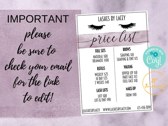 Printable Price List For Lash Boutique Pricing Sheet Etsy