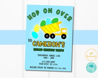 Easter Birthday Party Invitation for Boys - Easter Egg Dump Truck - Printable Easter Boy Birthday Invite - Hop On Over