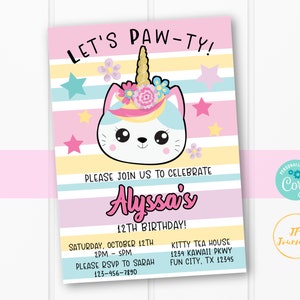 Kawaii Unicorn Kitty Cat Birthday Party Invitation Template - Unicorn Cat Party for Girls - Edit & Print - Printable Invitation Let's Paw-ty