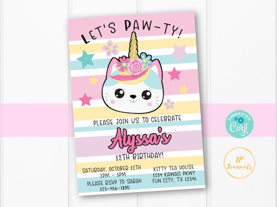 Kawaii Unicorn Kitty Cat Birthday Party Invitation Template