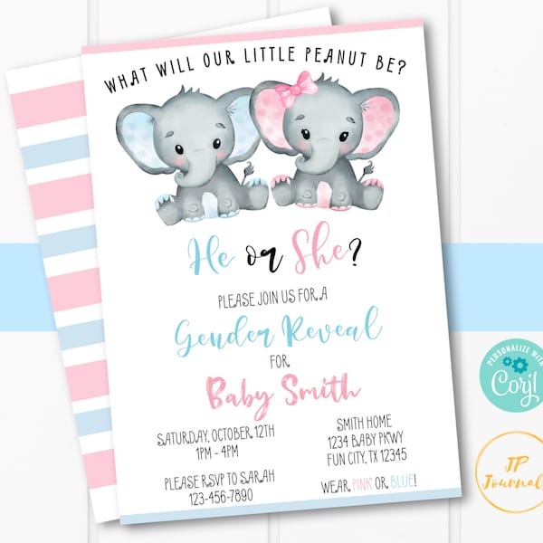 Elephant Gender Reveal Party Invitation Template - Edit & Print - Printable Editable Invitation - What Will Our Little Peanut Be? He or She?