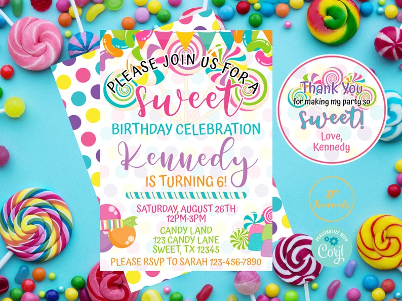 Sweet Candy Land Birthday Party Invitation Template DIY Edit Etsy