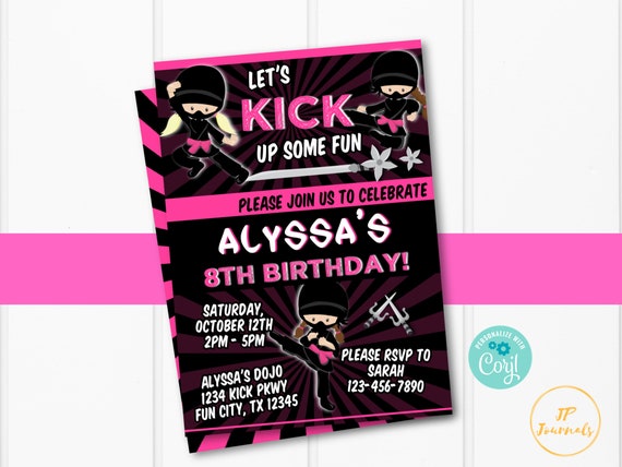 Download Girl Ninja Birthday Party Invitation Template Edit Online Print At Home Karate Pink And Black Invite For Girls Digital Download By Jp Journals Catch My Party