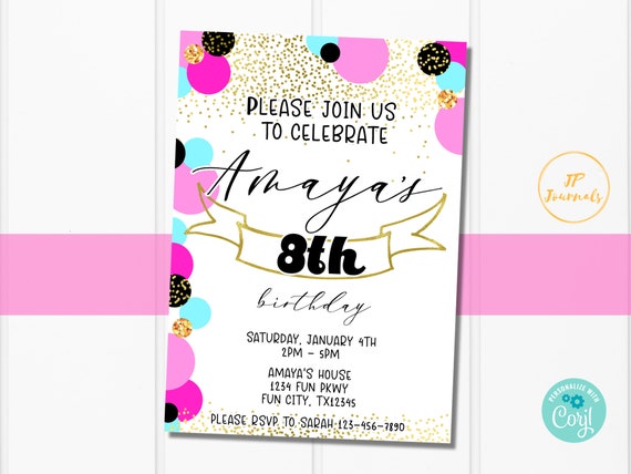 Printable Girl Birthday Party Invitation Template - Edit Online Print at Home - Pink Gold Teal Black Il_570xn