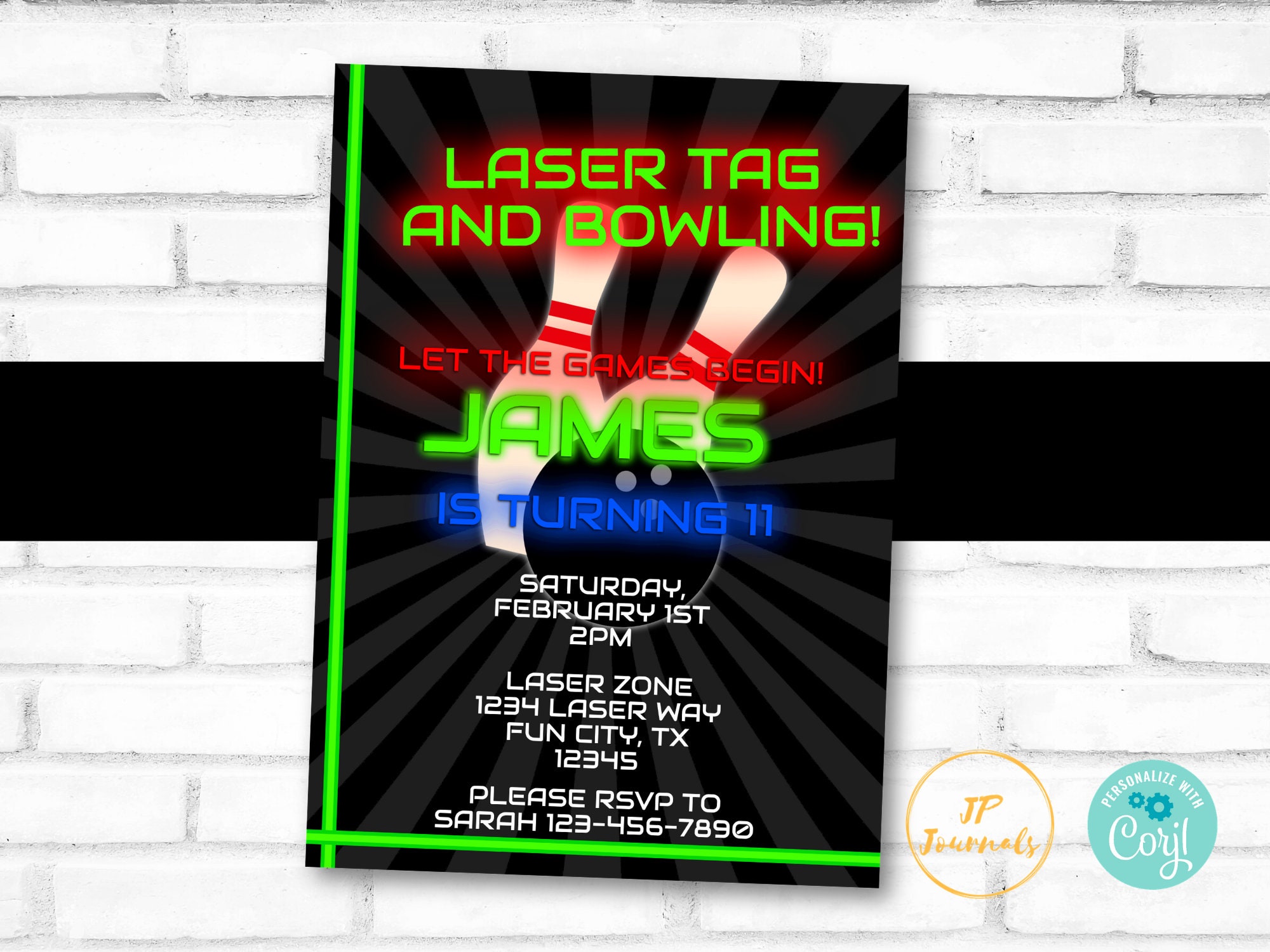Laser Tag and Bowling Party Invitation Laser Tag and Bowling Etsy