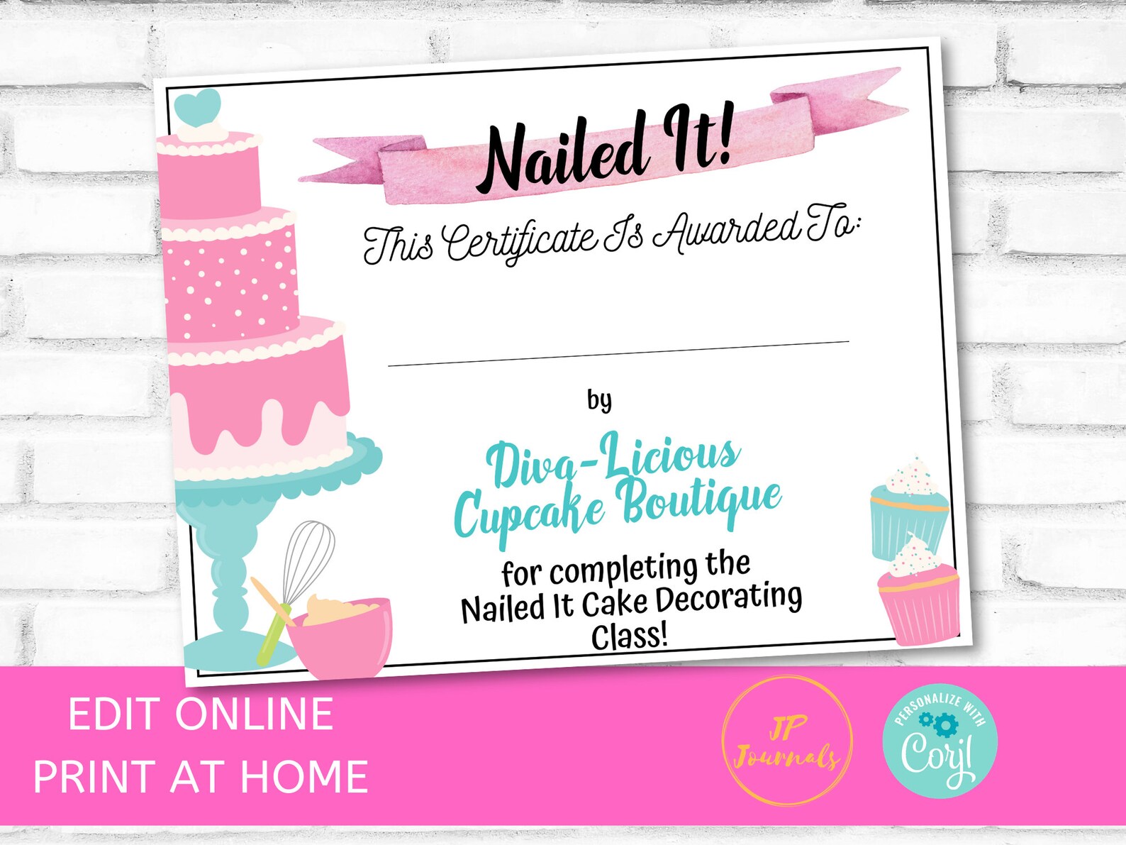Nailed It Baking Party Certificate Template Edit &amp; Print - Etsy