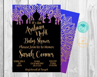 Arabian Night Baby Shower Invitation - DIY Printable Invite - It's An Arabian Night Bollywood Themed Royal Blue and Gold