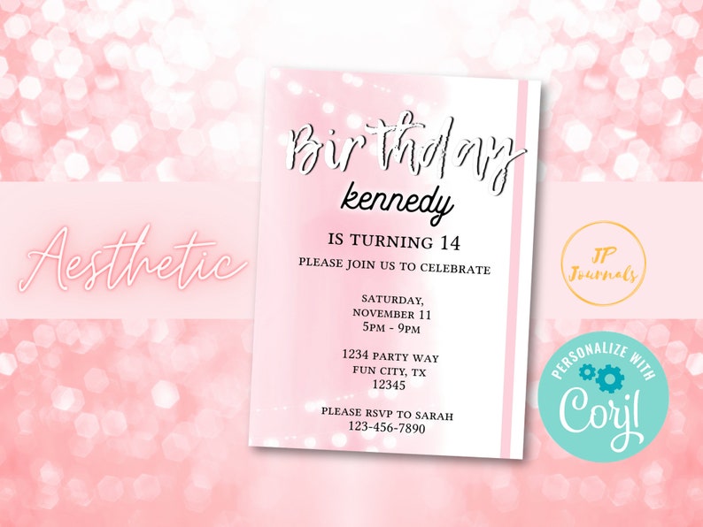 Pink Aesthetic Birthday Party Invitation for Girls, DIY Edit and Print, Teen Tween Girl Aesthetic Birthday Party image 4