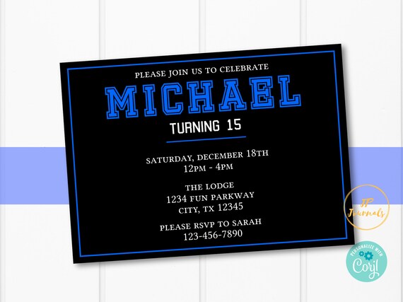 Teen Boy Birthday Party Invitation Template - Sporty Tween Invite - Edit and Print - Change Font Colors! - Printable Il_570xn