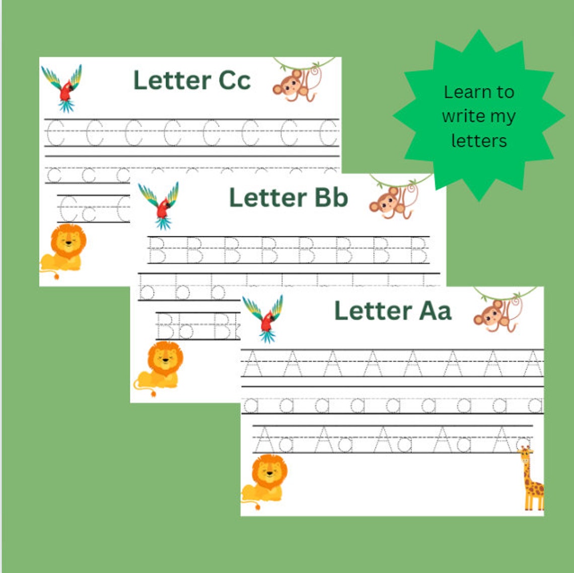 Personalized Jungle Theme Tracing Book, Name, Letters, Numbers (digital ...