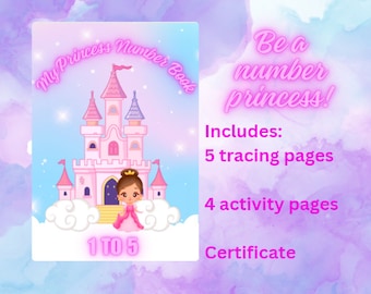 Princess Number Workbook or Worksheets, number recognition, busy book, pink, numbers 1 to 5