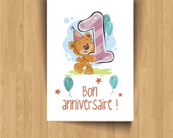 Carte anniversaire 1 an - Véritable carte postale, carte de voeux pour enfant ou bébé